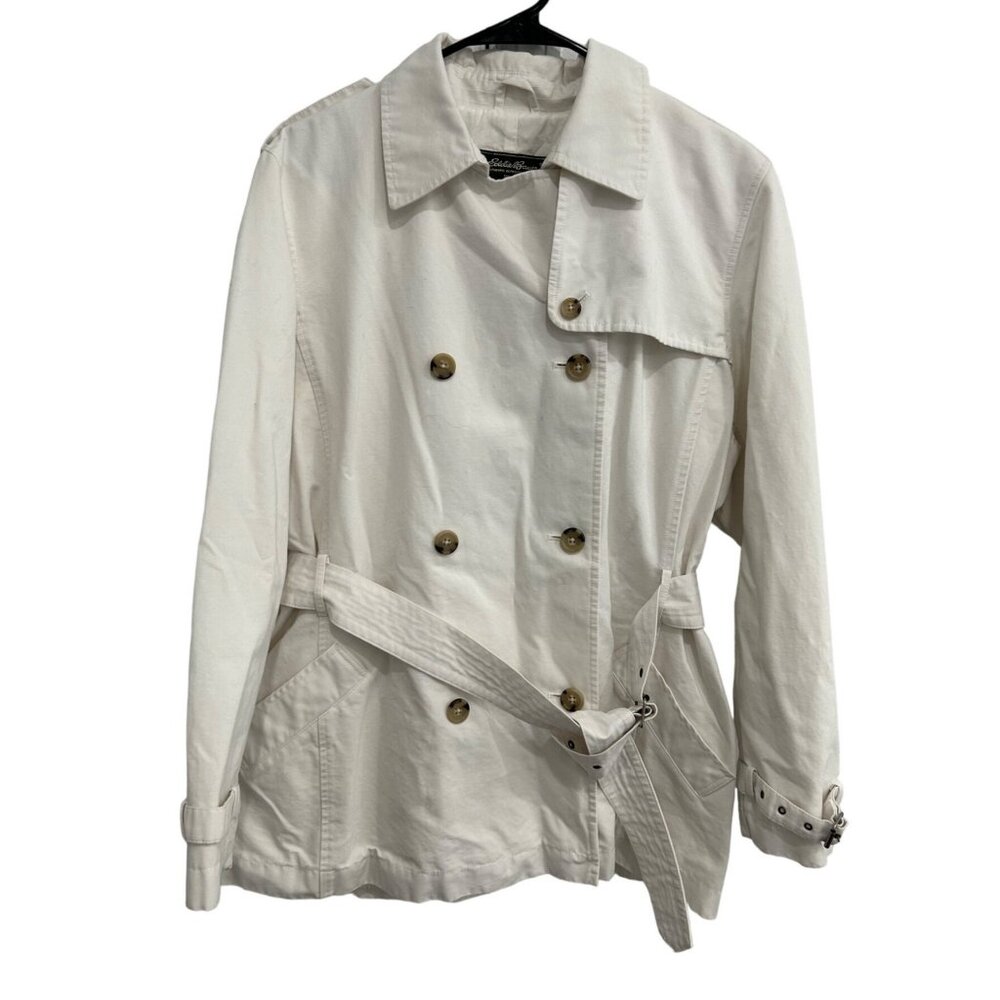 Eddie Bauer Womens Double Breasted Trench Coat XL Ivory Belted Cotton Blend